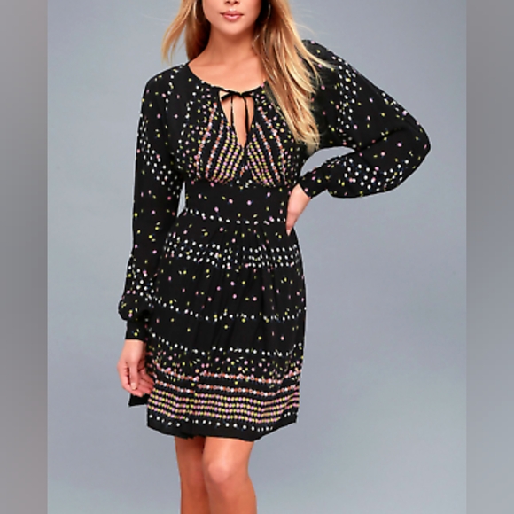 Free People Coryn Black Print Long Sleeve Dress- Sz 8 {NWT} - Picture 2 of 8
